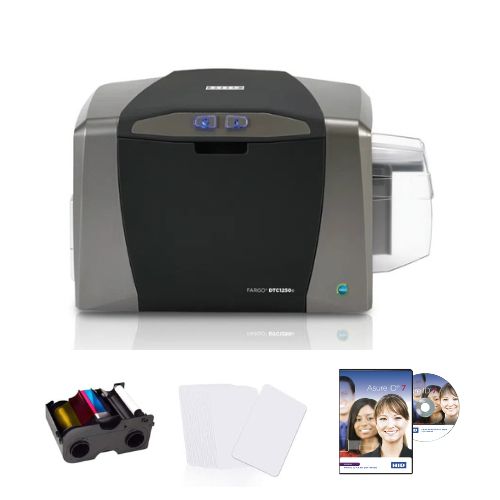 Fargo ID printer in white background with its ribbon, plain id card and software